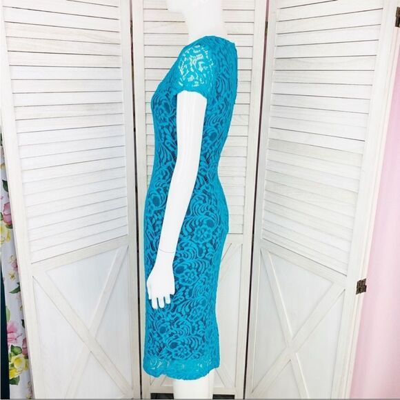 Eva Mendes New York & Co. Lace Sheath Bodycon‎ Dress Teal Black 2 Cap Sleeve - Picture 2 of 11